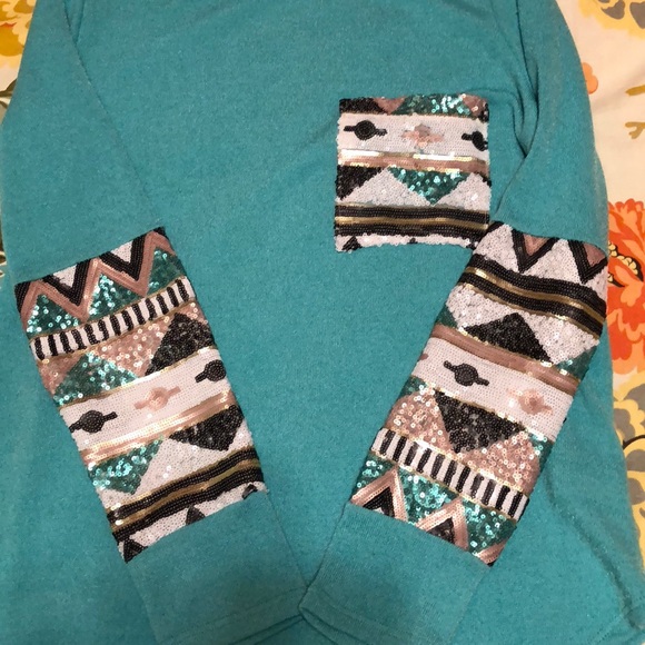 Mint Green Sweater with Sequined Aztec Sleeves - Picture 2 of 3